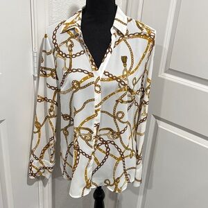 Worthington White and Gold Chain Print Blouse